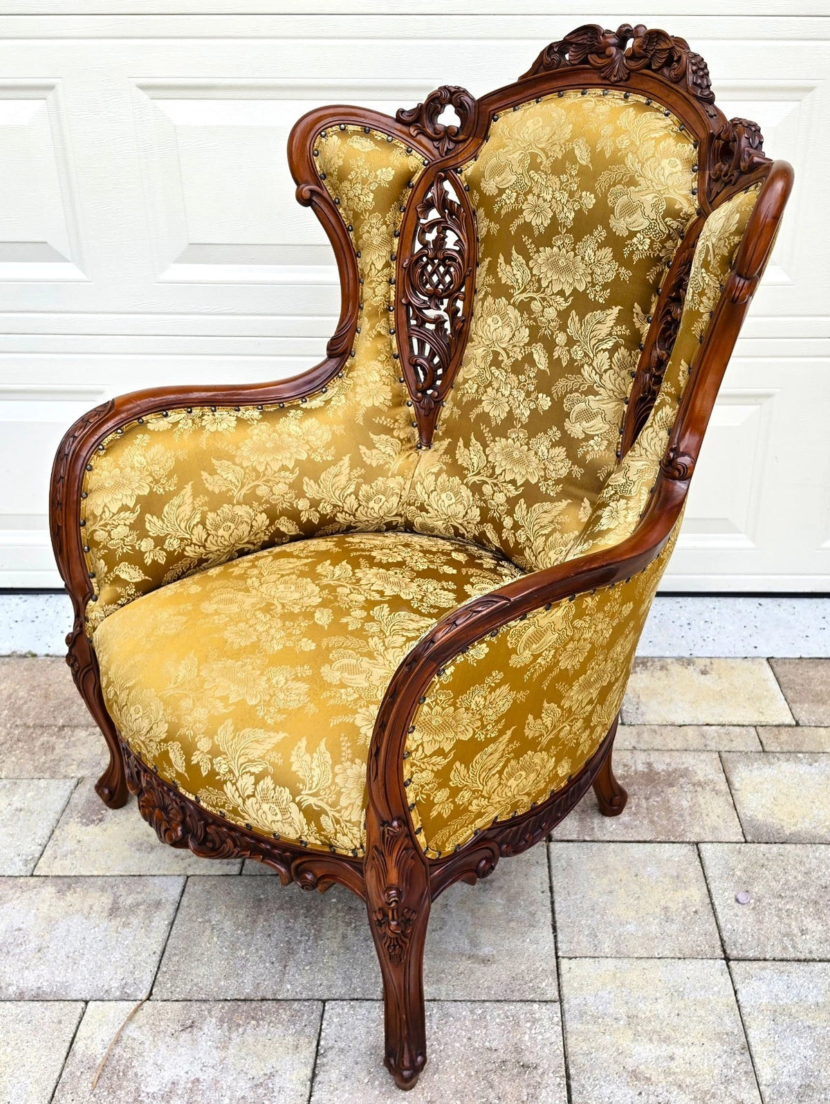 Victorian Rococo Revival Carved Bird Crest Music Room Wingback Armchair
