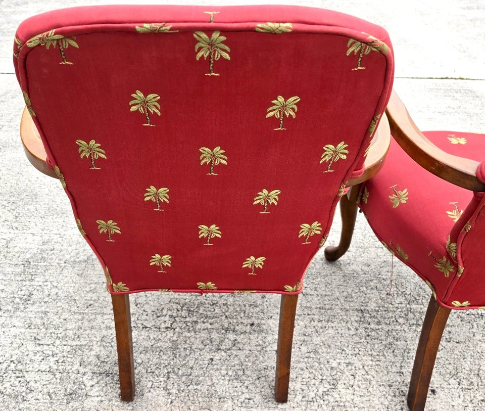 Vintage Queen Anne Gooseneck Armchairs with Palm Tree Upholstery Pair