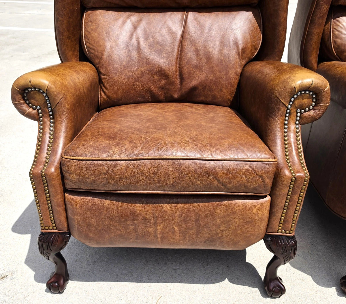 Vintage MOTIONCRAFT Chippendale Leather Wingback Recliners Ball & Claw Pair