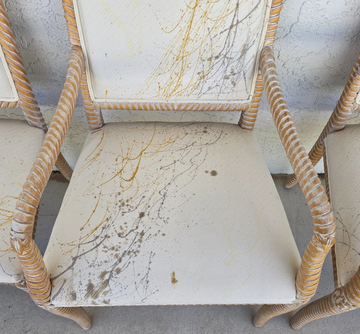 Set of 6 Coastal Carved Rope Solid Wood Dining Chairs With Abstract Upholstery