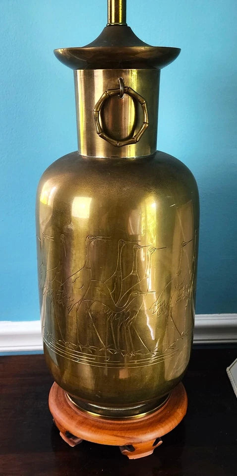 Vintage Asian Brass With Cranes Table Lamp