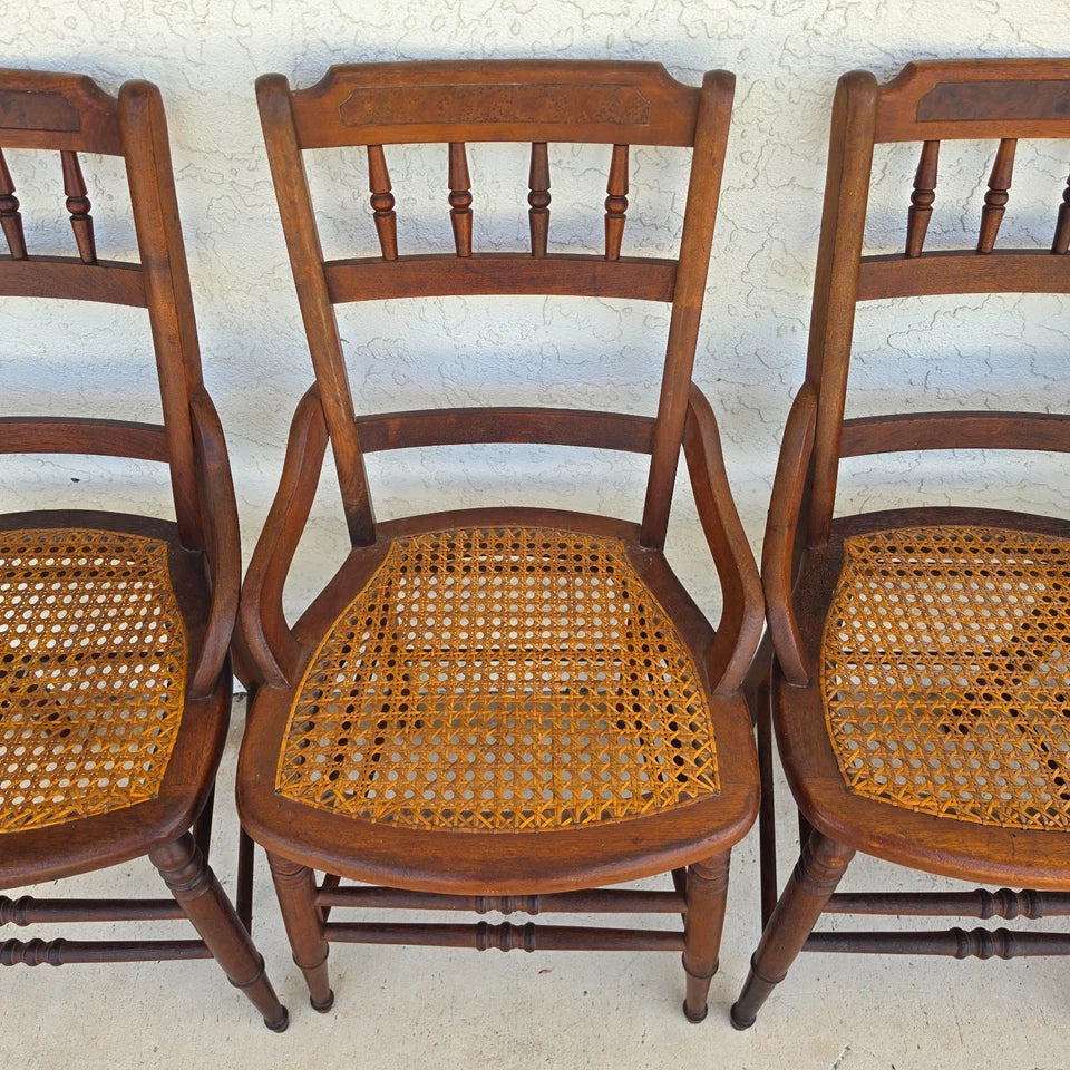 Antique Walnut Victorian Spindle Back Cane Seat Dining Chairs Set of 6