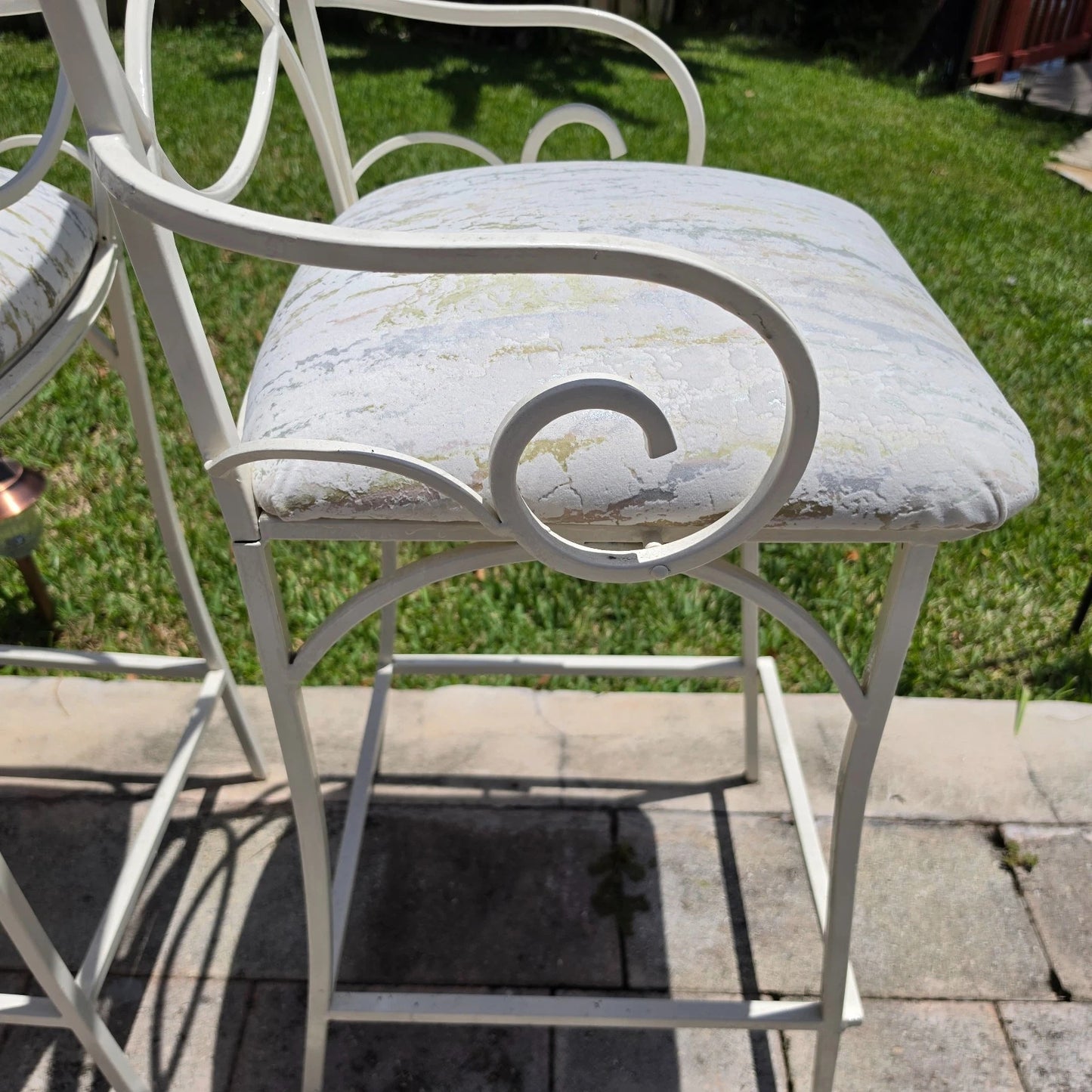 Set of 4 Vintage Coastal Palm Beach Regency Painted Metal Barstools.