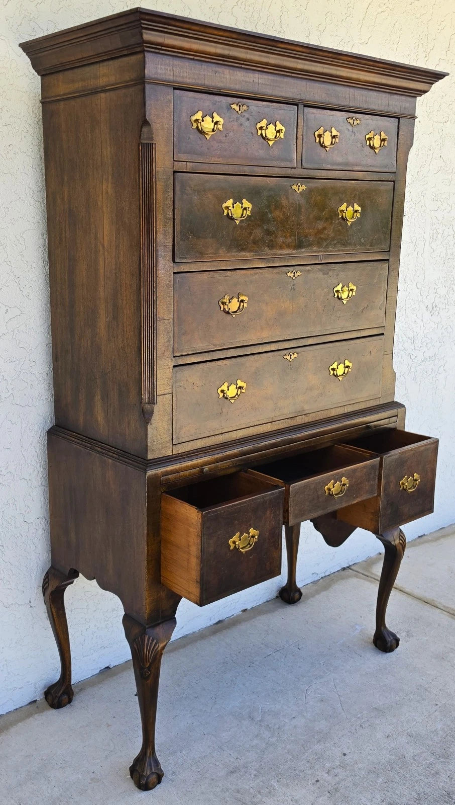 Antique Walnut Highboy Dresser Desk With Pullout Writing Surface