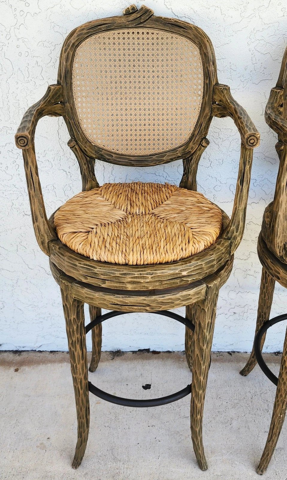 French Country Barstools Faux Bois Swivel Set of 3