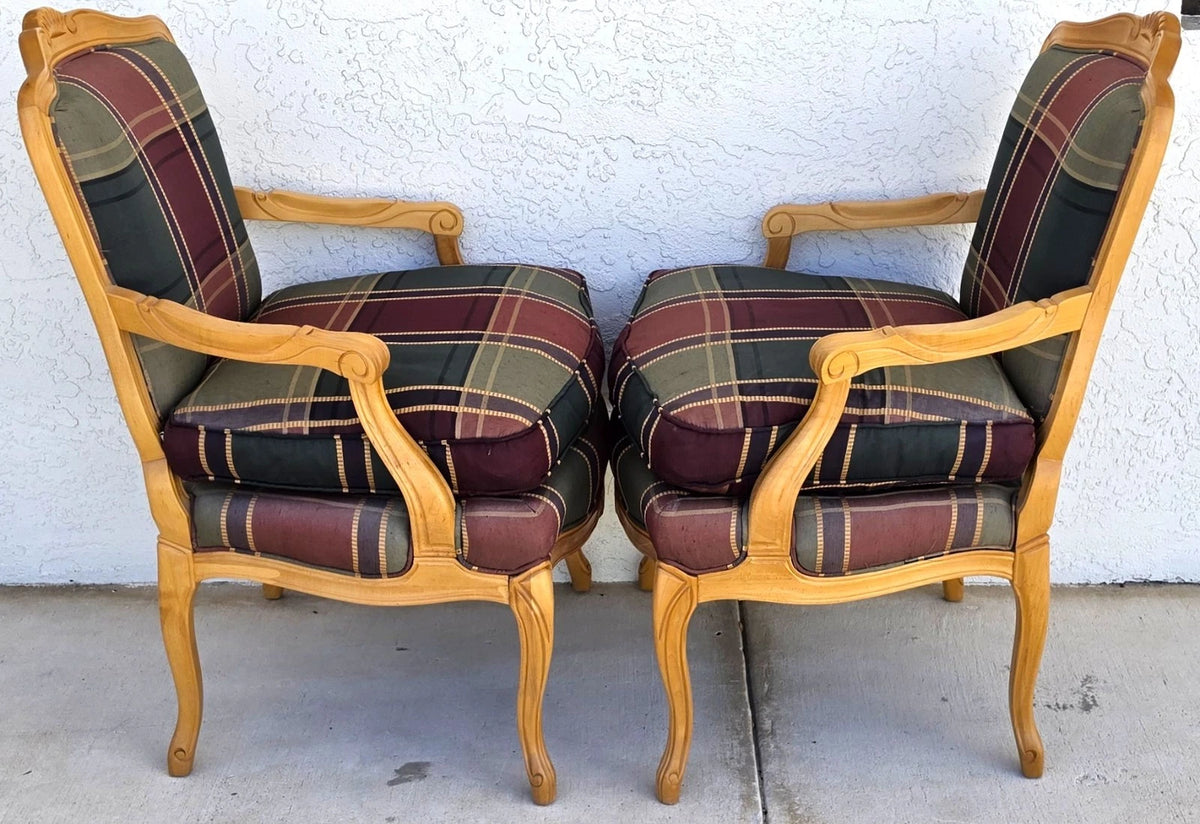 Vintage Louis XV French Provincial Armchairs Plaid Tartan Fauteuil Cabriole Legs