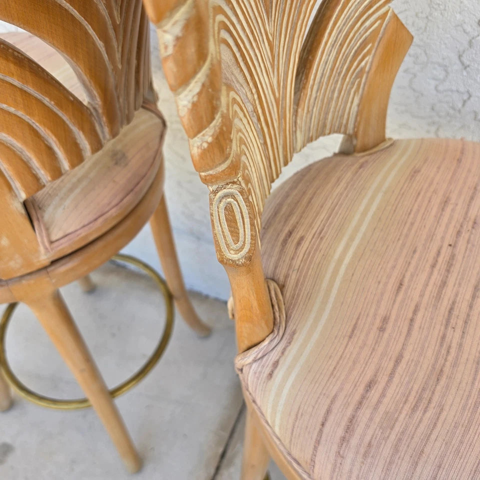 Vintage Venetian Grotto Style Carved Wood Palm Leaf Barstools Set of 2