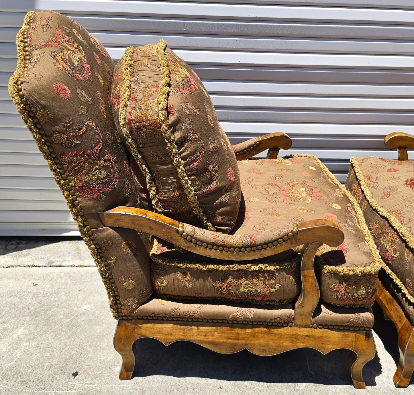 Classics French Louis XV Bergère Armchairs Chinoiserie Fabric Down Cushions