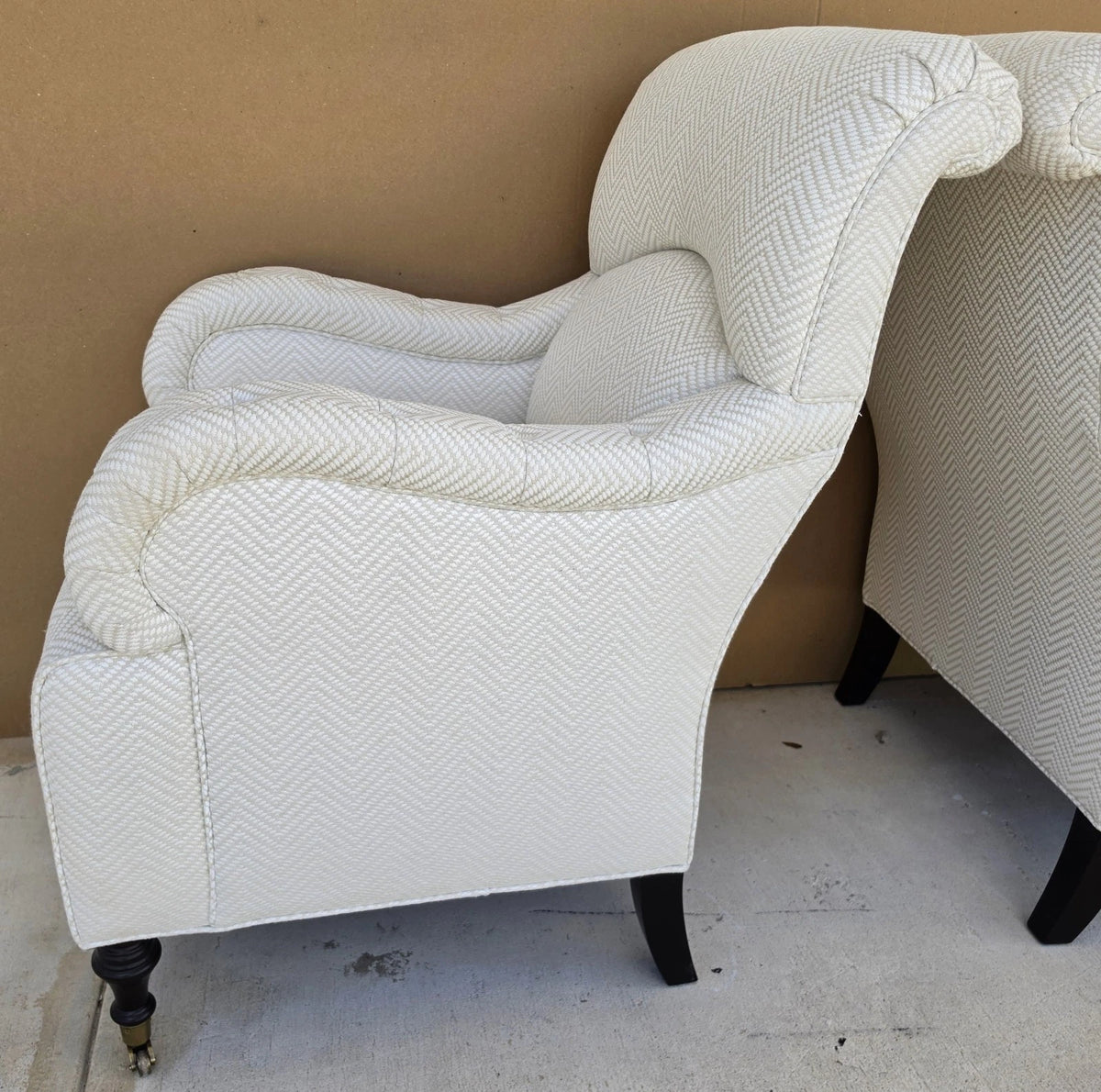 Pair Baker English Country Scroll Arm Lounge Chairs Tufted Herringbone Casters