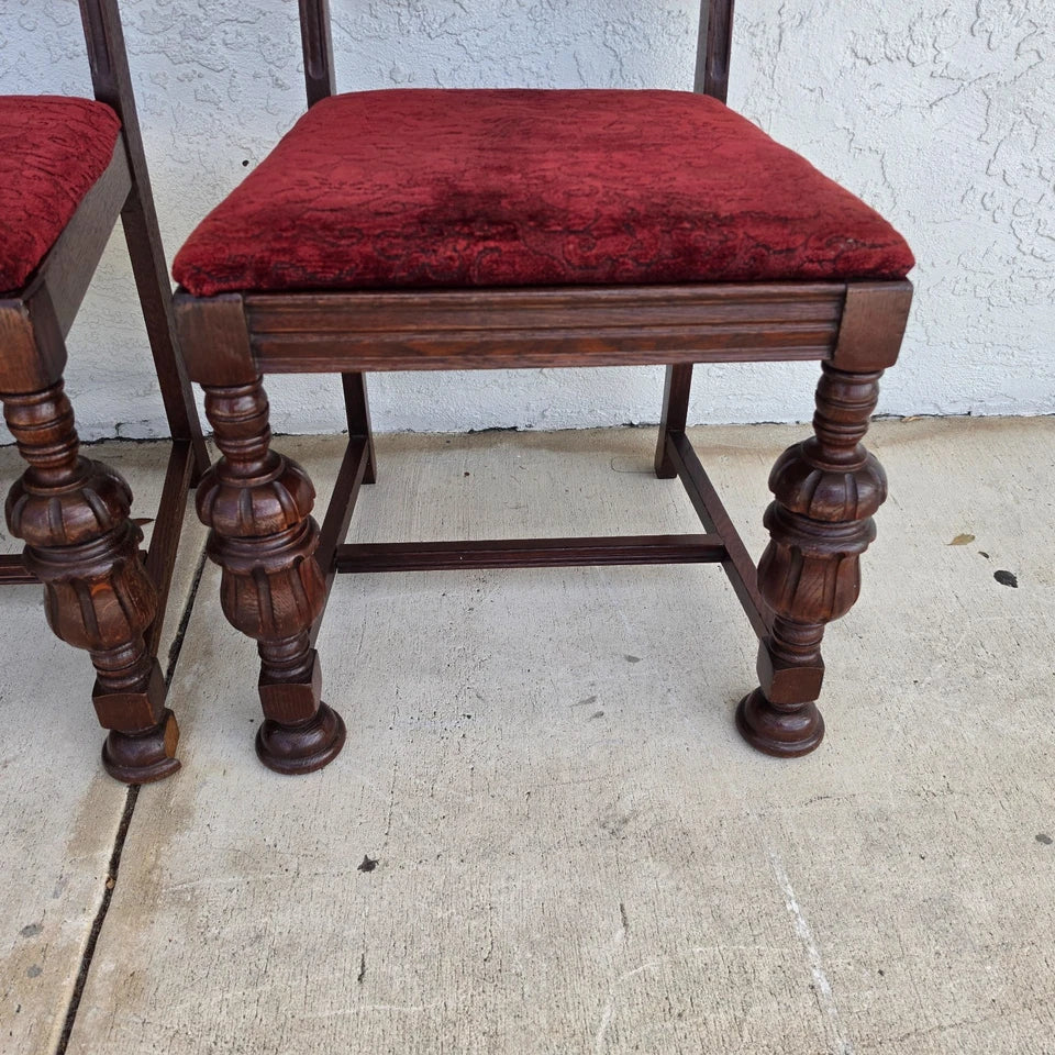 Antique English Oak Tudor Jacobean Dining Chairs 1930's Set of 4