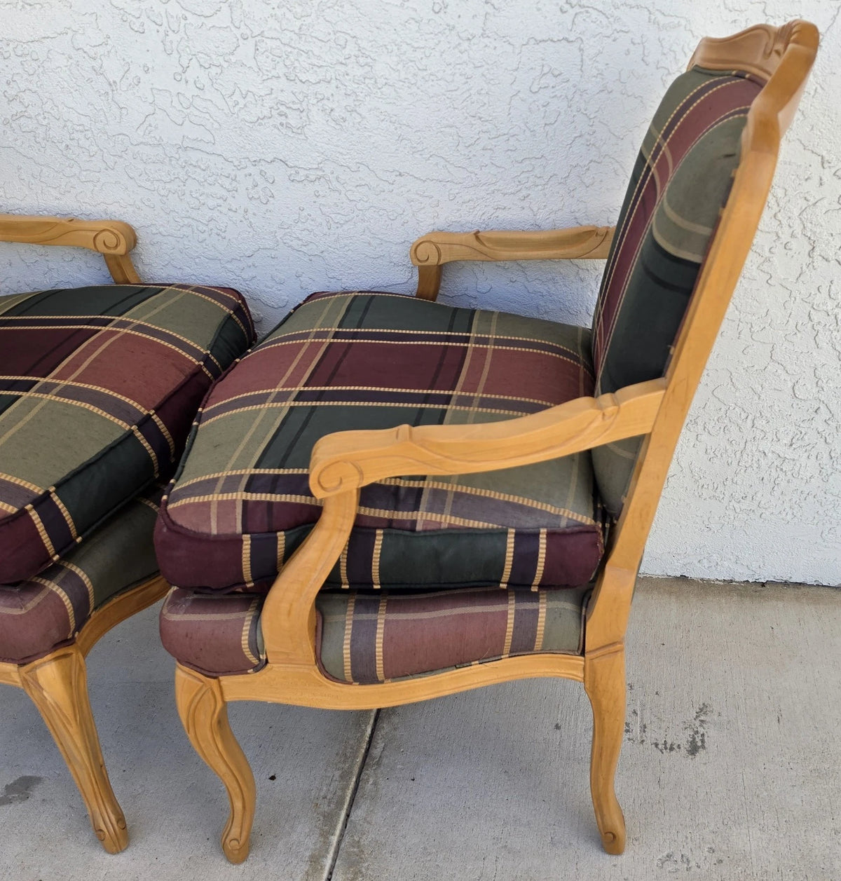 Vintage Louis XV French Provincial Armchairs Plaid Tartan Fauteuil Cabriole Legs