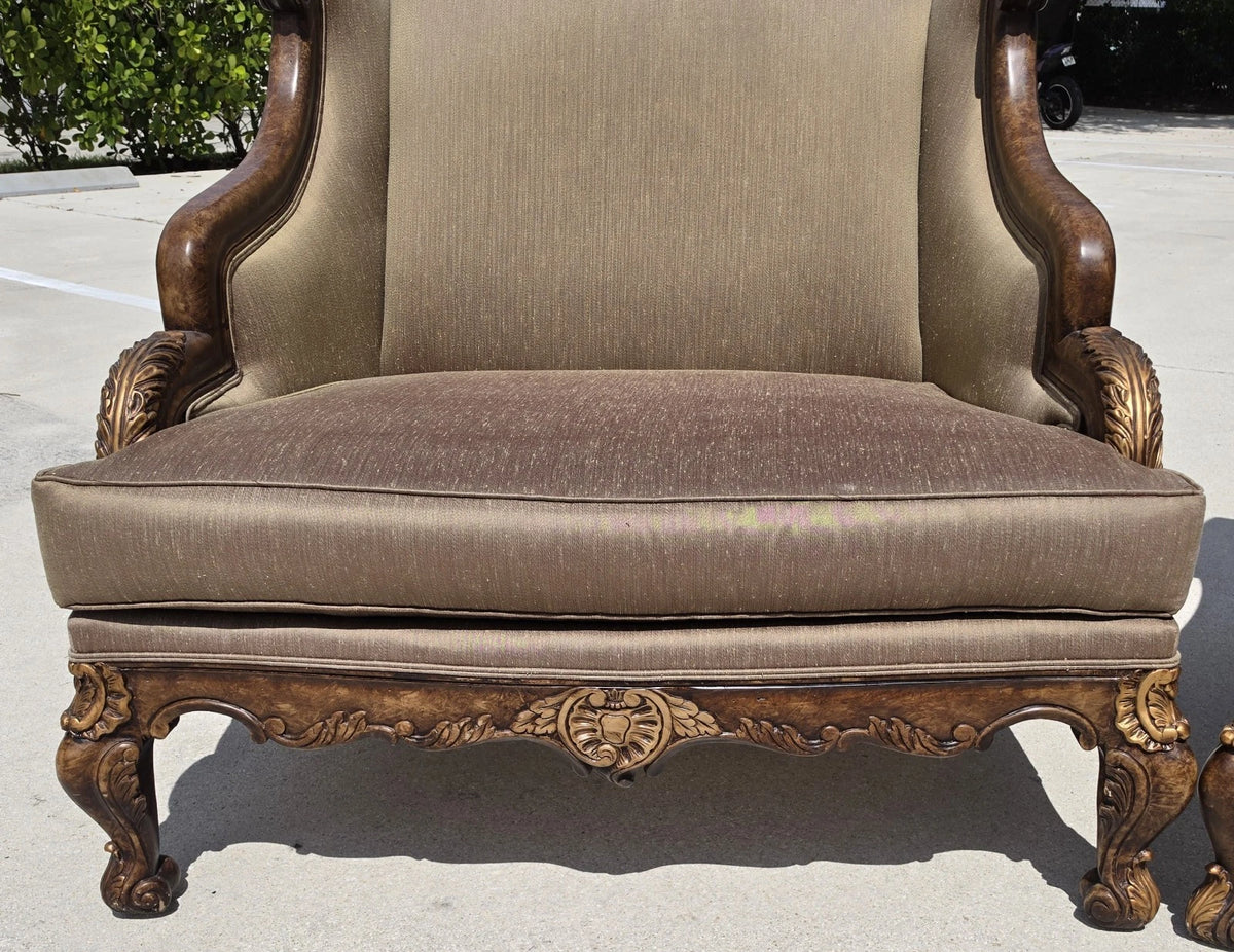 Marge Carson Style French Louis XV Ornate Caved Settees Loveseats Pair