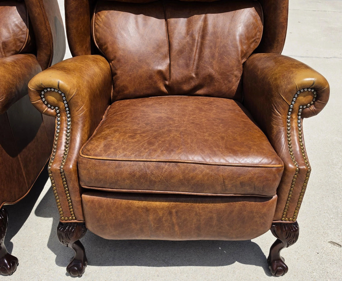 Vintage MOTIONCRAFT Chippendale Leather Wingback Recliners Ball & Claw Pair