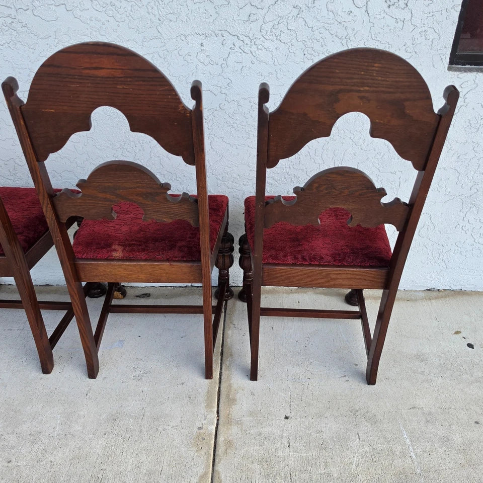 Antique English Oak Tudor Jacobean Dining Chairs 1930's Set of 4