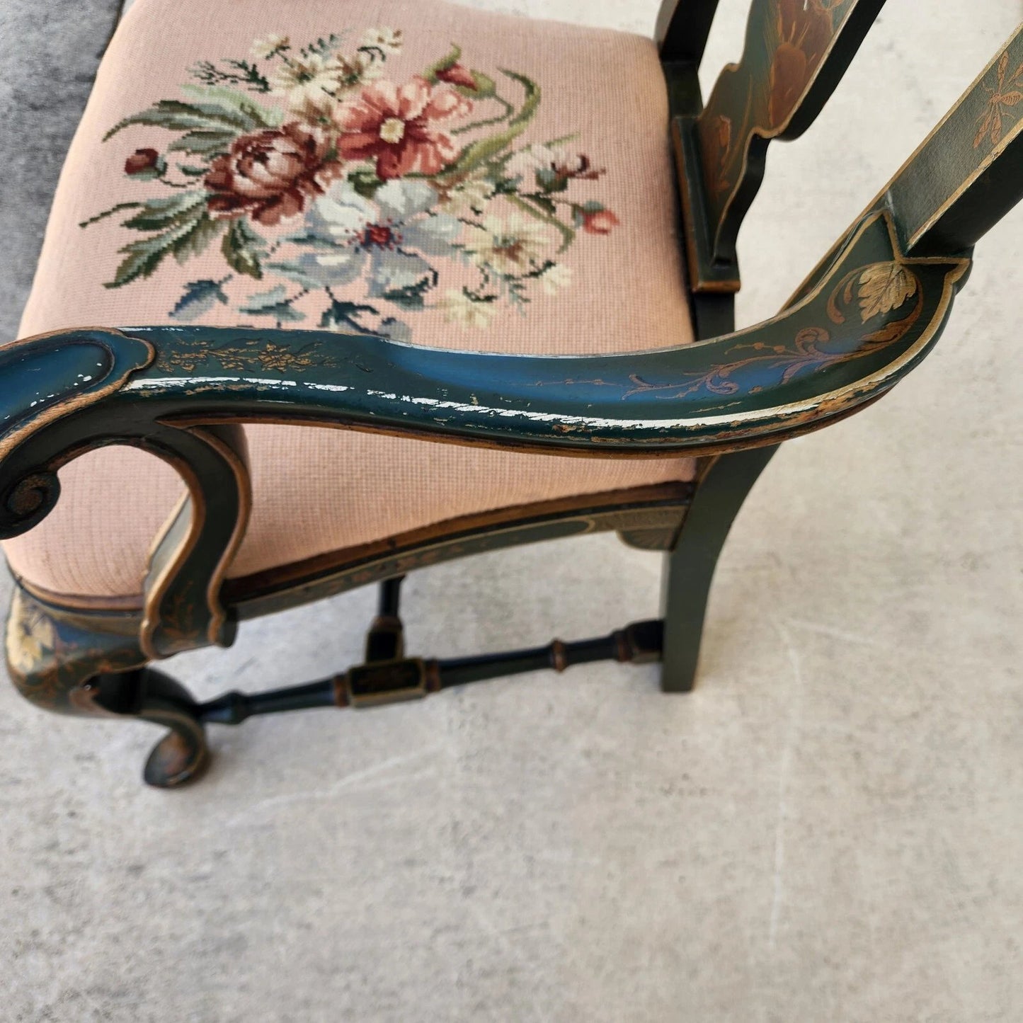 Antique Chinoiserie Decorated Queen Anne Arm Chair ca 1930