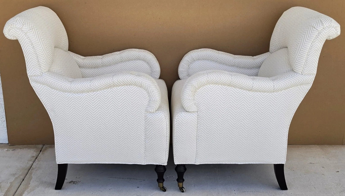 Pair Baker English Country Scroll Arm Lounge Chairs Tufted Herringbone Casters
