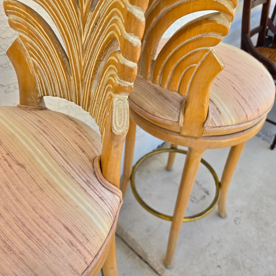 Vintage Venetian Grotto Style Carved Wood Palm Leaf Barstools Set of 2