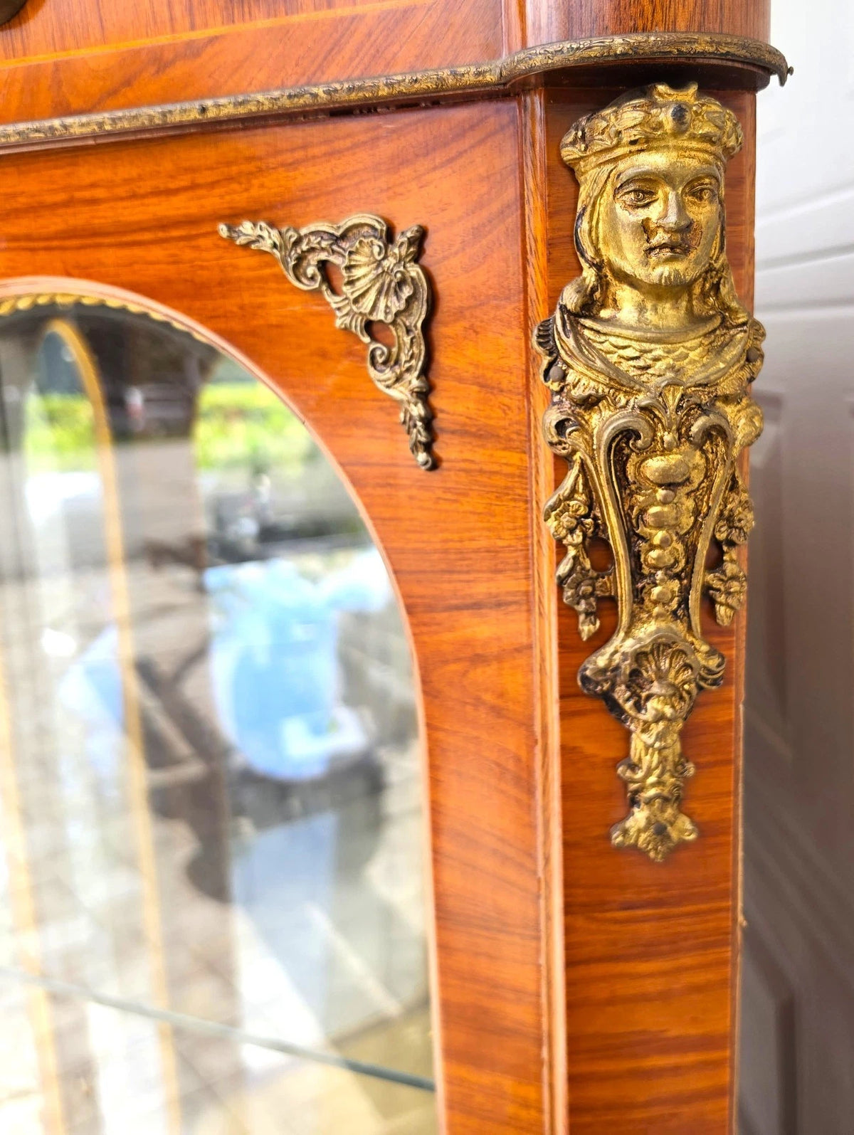 French Louis XV Marquetry Display Cabinet Figural Mounts Porcelain Medallions