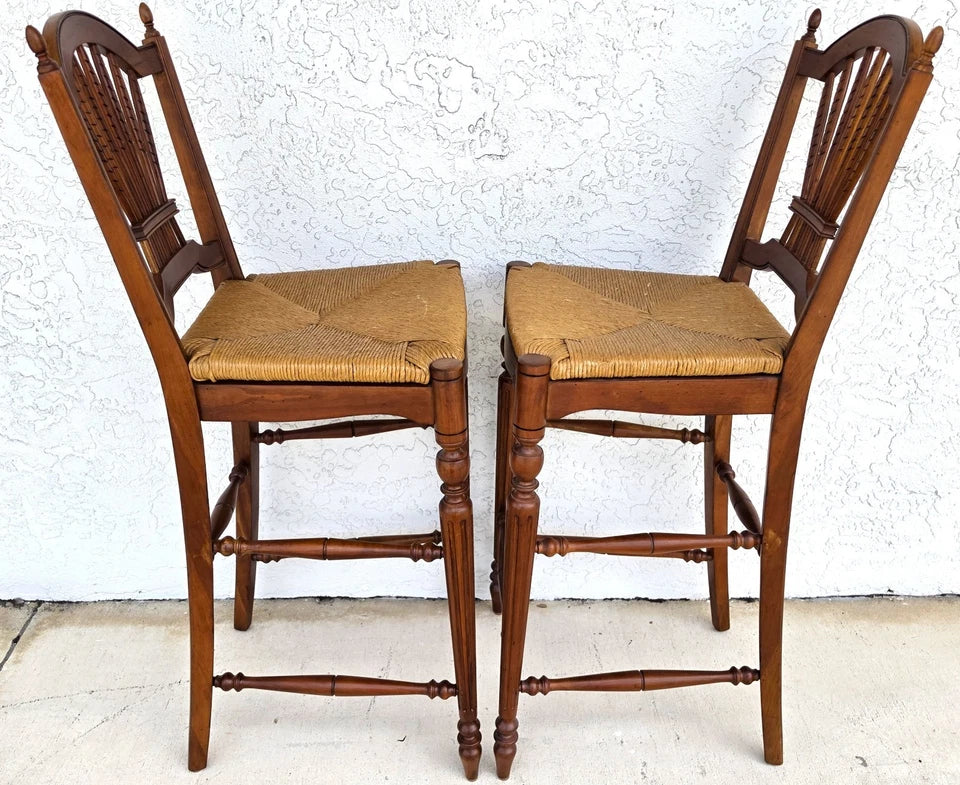Ethan Allen Country French Wheat Sheaf Back Rush Seat Bar Stools Set of 2