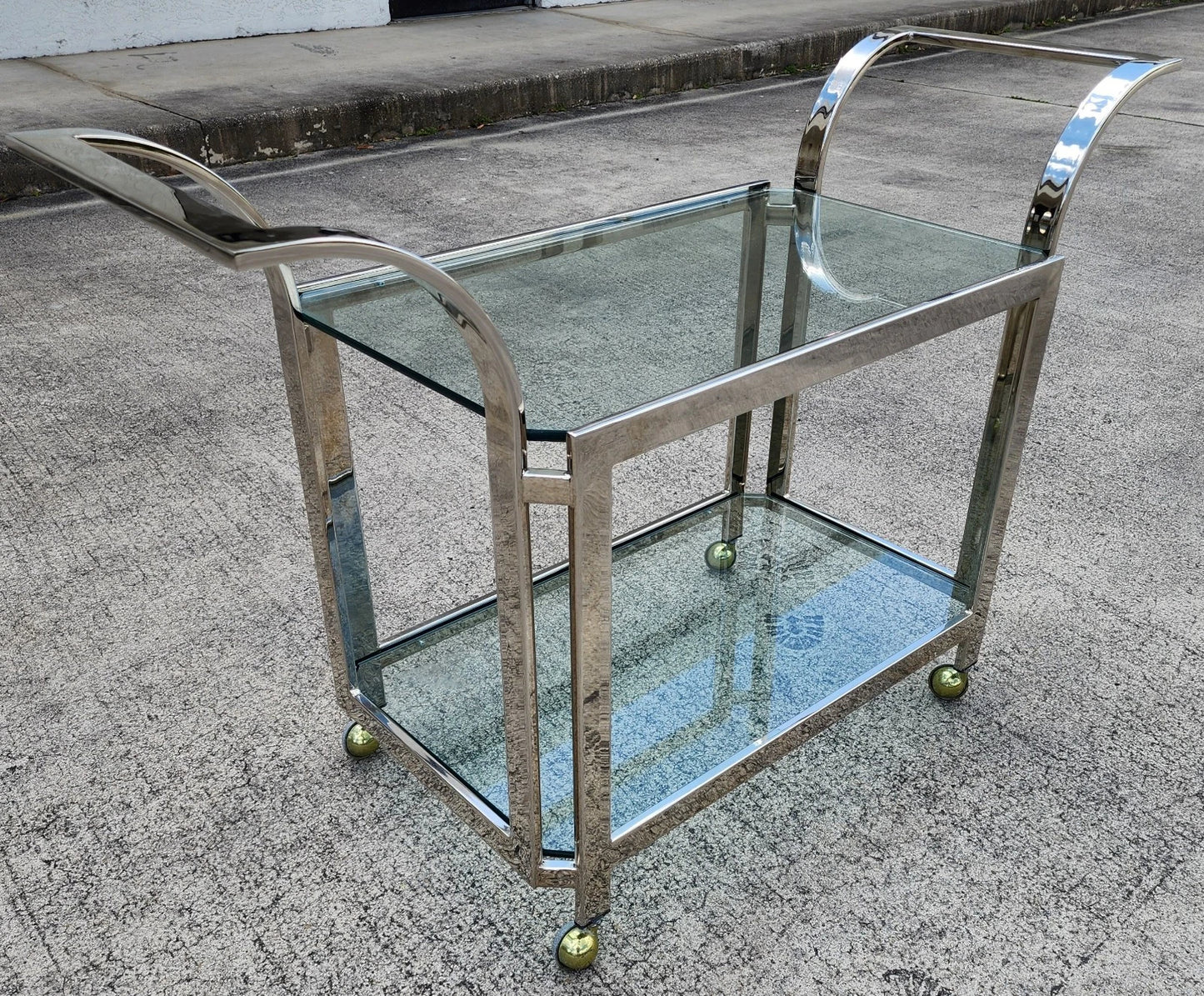 MCM Milo Baughman Style Chrome Bar Serving Cart 1970s