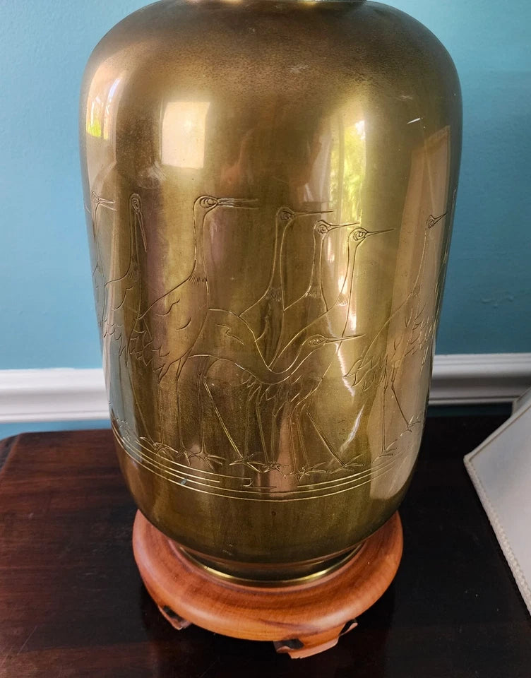 Vintage Asian Brass With Cranes Table Lamp