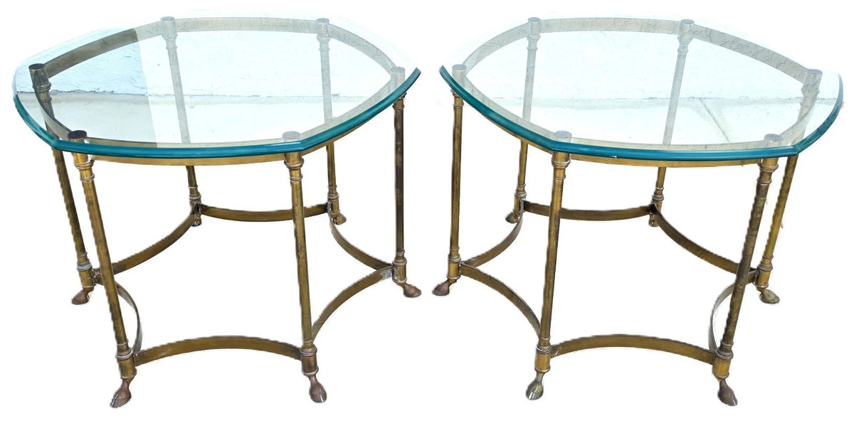 Vintage LaBarge Oval Brass Hoof Footed Glass Top Coffee Table Neoclassical