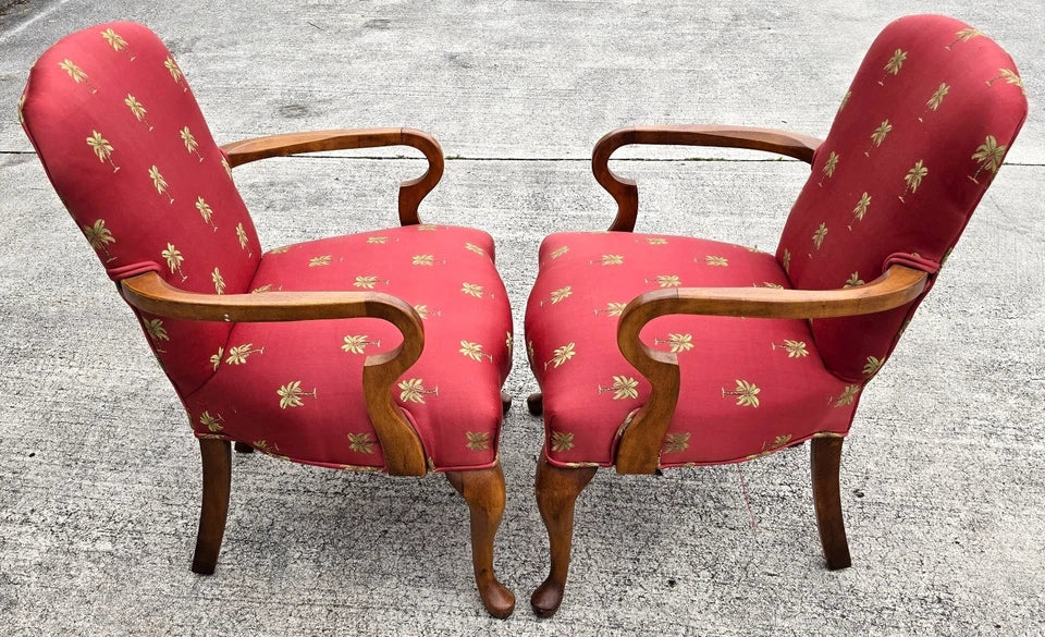 Vintage Queen Anne Gooseneck Armchairs with Palm Tree Upholstery Pair