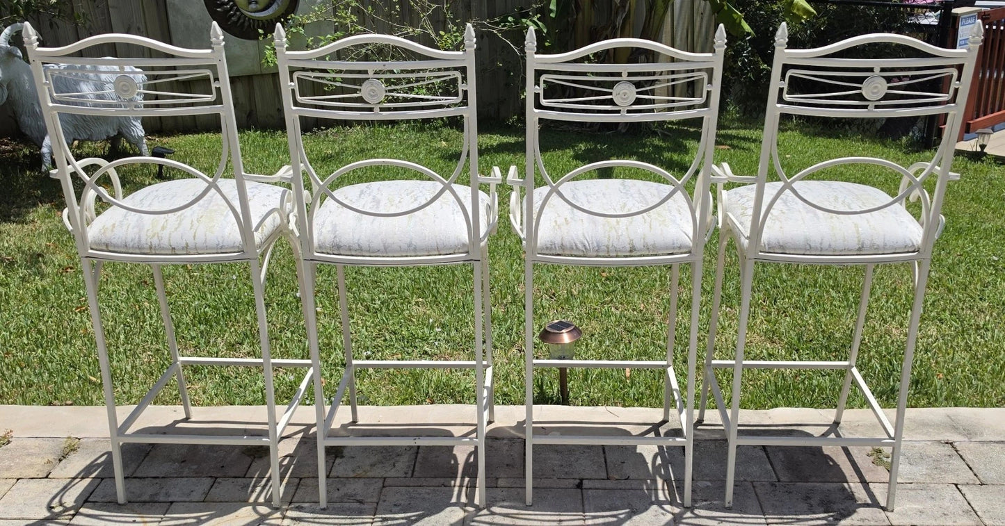 Set of 4 Vintage Coastal Palm Beach Regency Painted Metal Barstools.