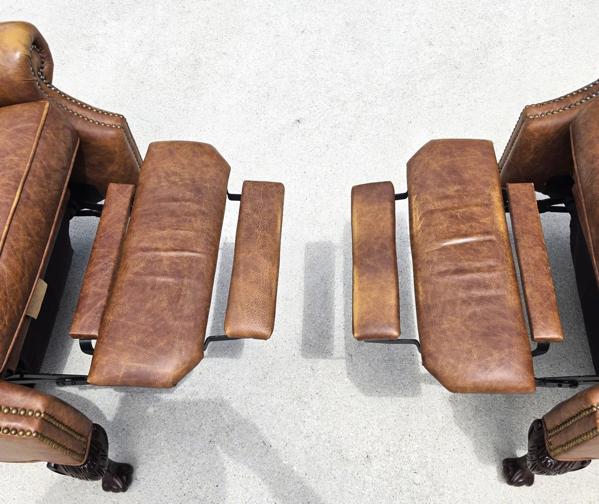 Vintage MOTIONCRAFT Chippendale Leather Wingback Recliners Ball & Claw Pair