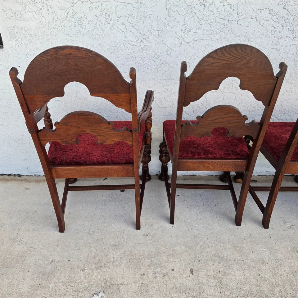Antique English Oak Tudor Jacobean Dining Chairs 1930's Set of 4