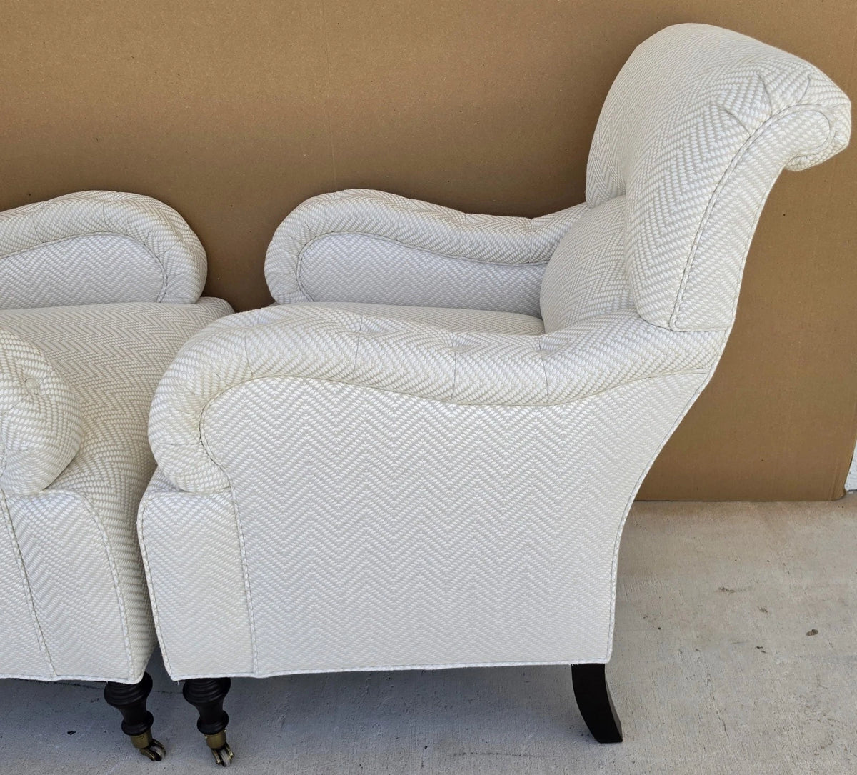 Pair Baker English Country Scroll Arm Lounge Chairs Tufted Herringbone Casters