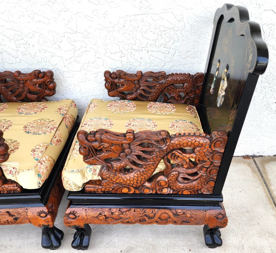 Chinese Hand-Carved Dragon Throne Armchairs Pair