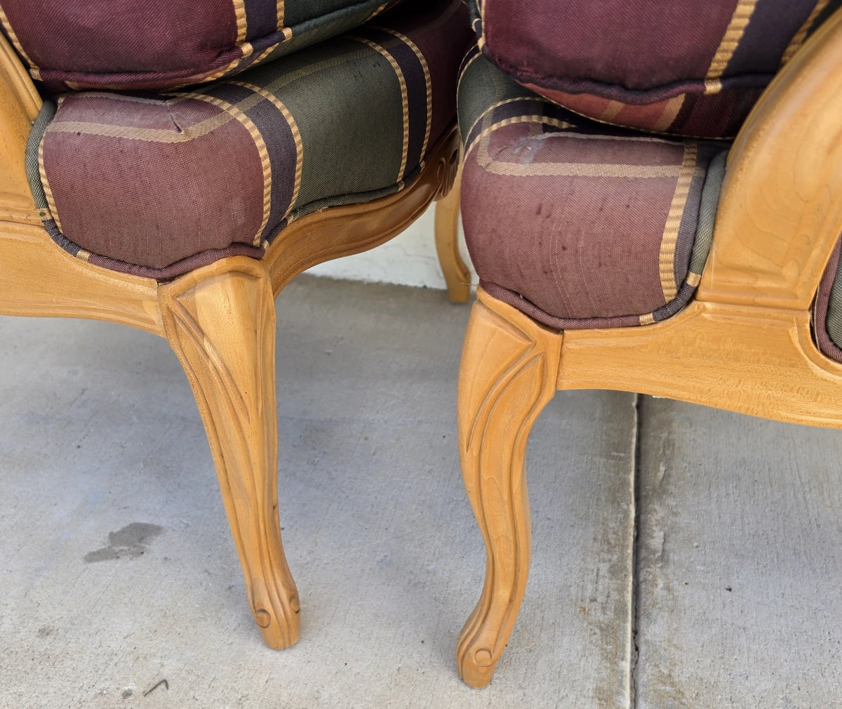 Vintage Louis XV French Provincial Armchairs Plaid Tartan Fauteuil Cabriole Legs