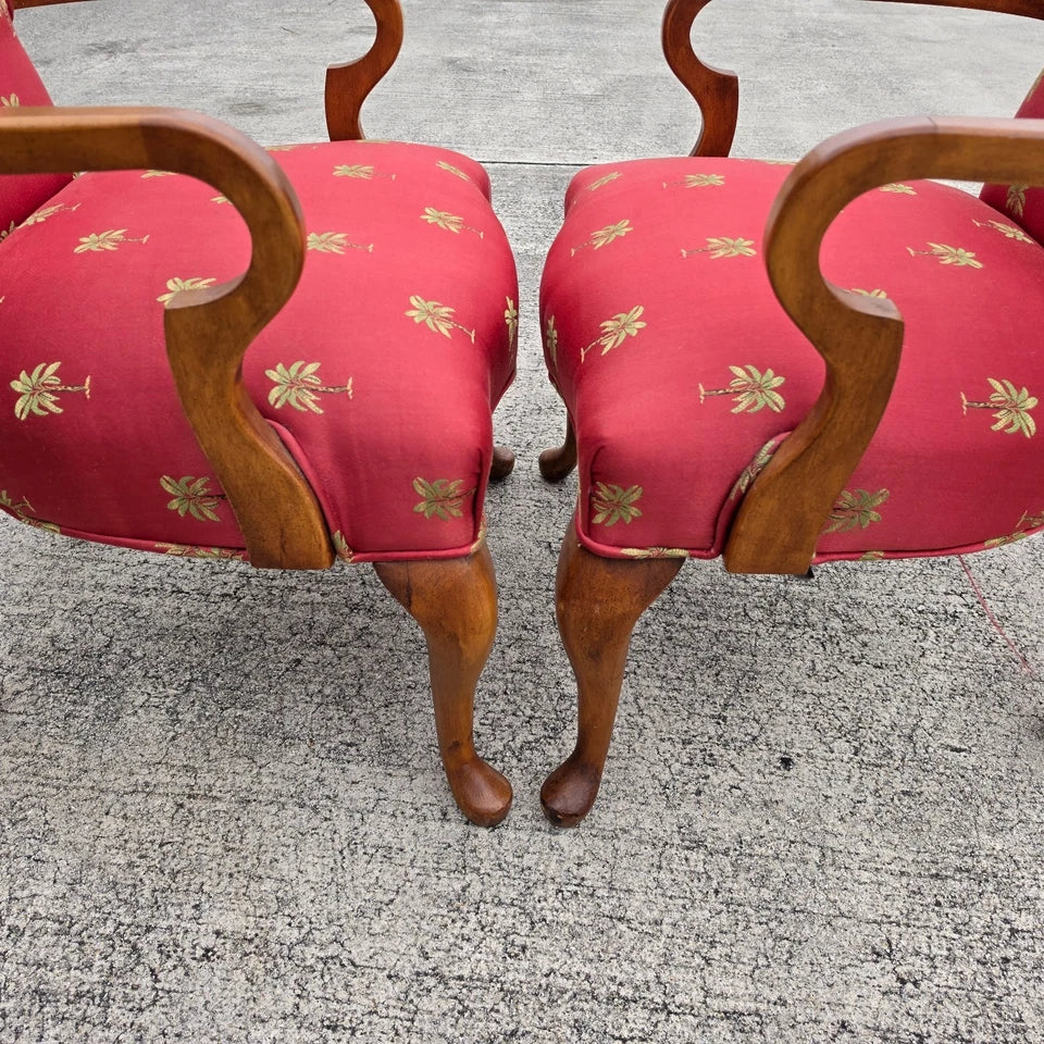 Vintage Queen Anne Gooseneck Armchairs with Palm Tree Upholstery Pair