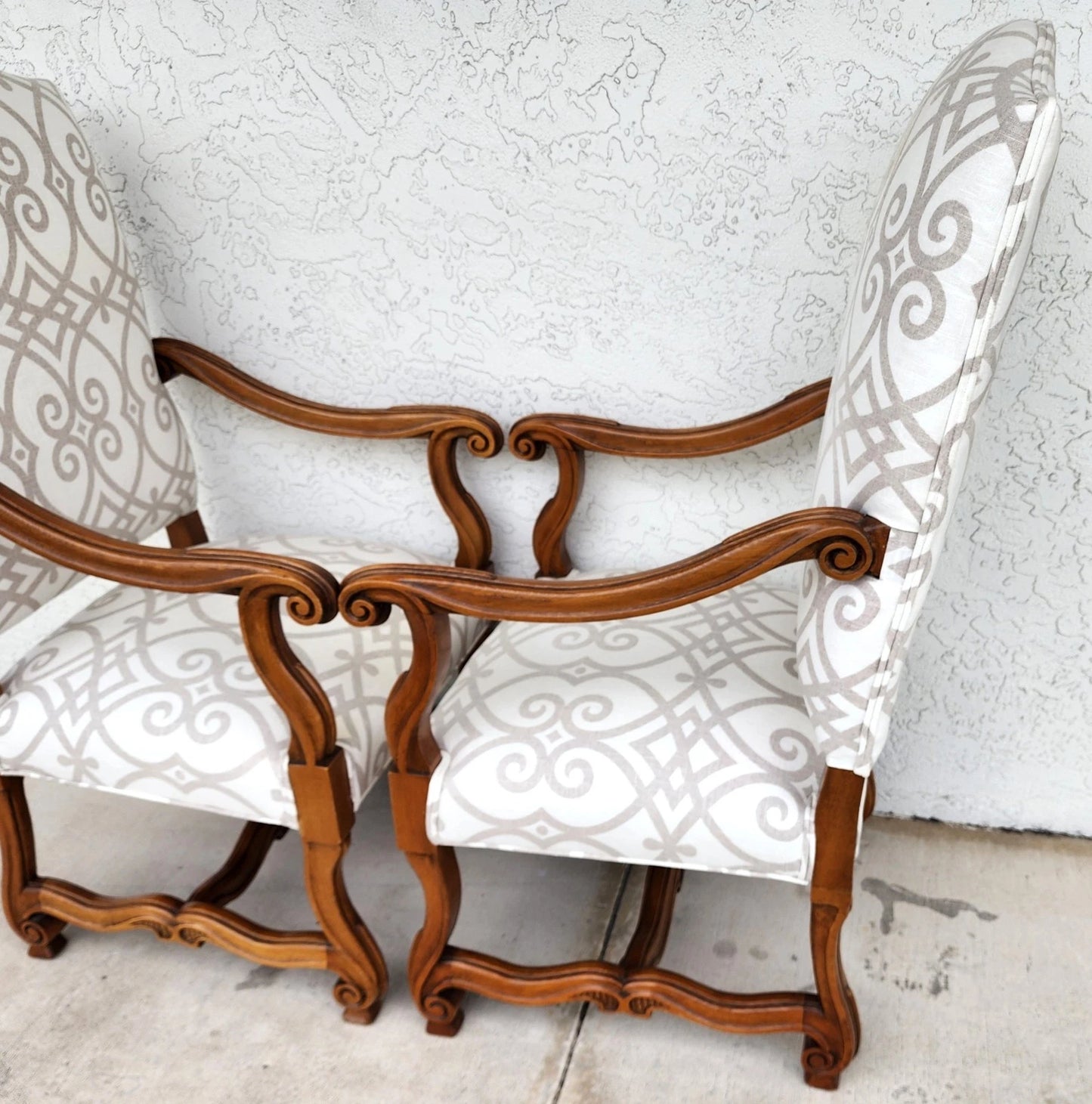 French Louis XIII Os de Mouton Linen Armchairs Pair