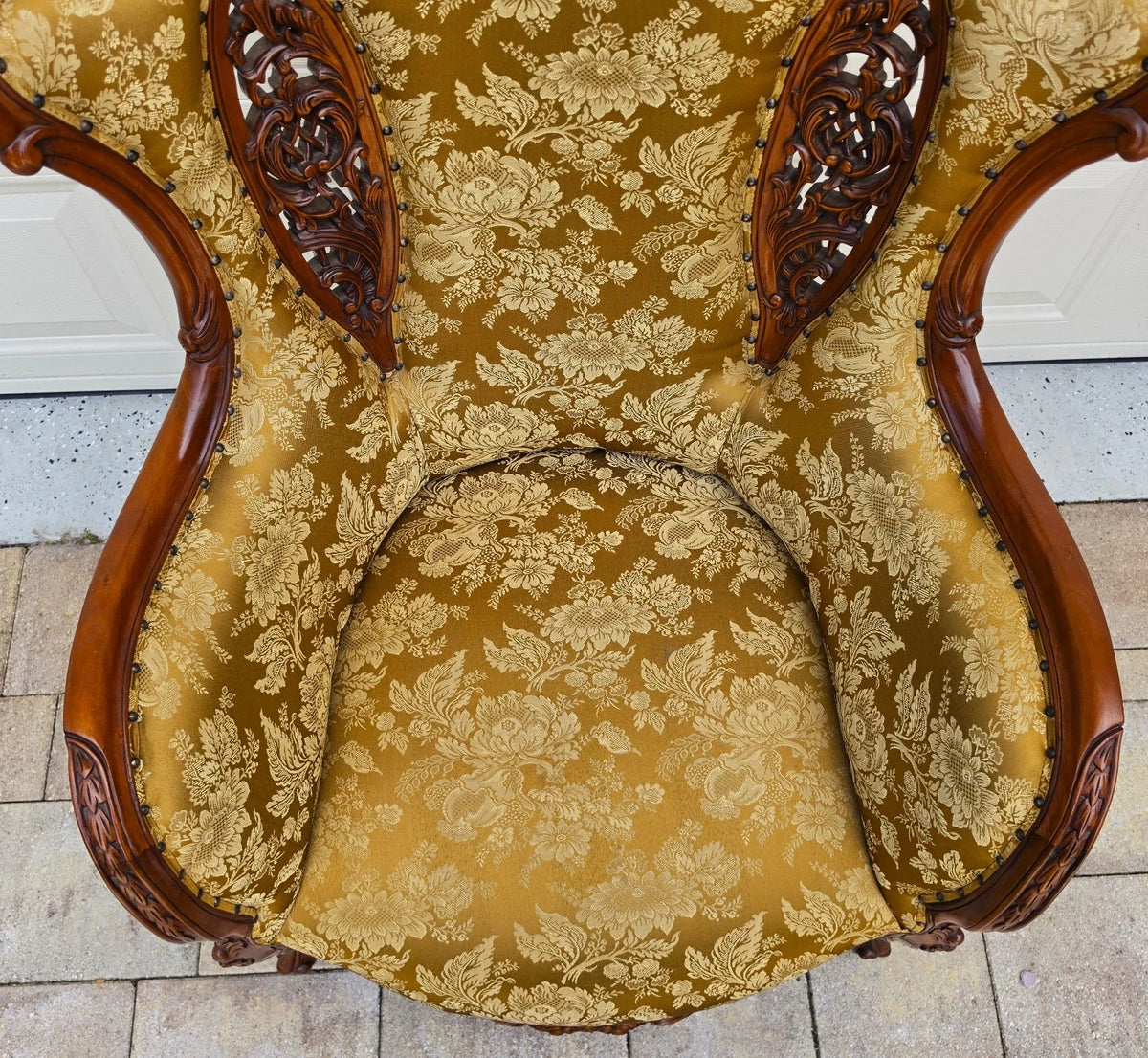 Victorian Rococo Revival Carved Bird Crest Music Room Wingback Armchair