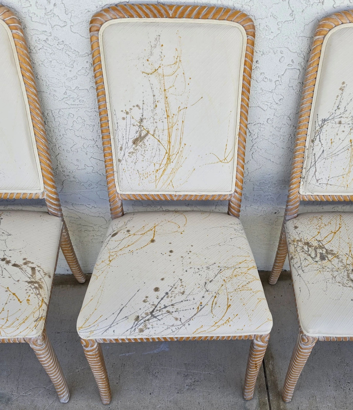 Set of 6 Coastal Carved Rope Solid Wood Dining Chairs With Abstract Upholstery