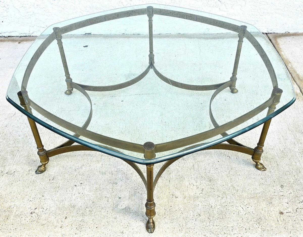 Vintage LaBarge Oval Brass Hoof Footed Glass Top Coffee Table Neoclassical
