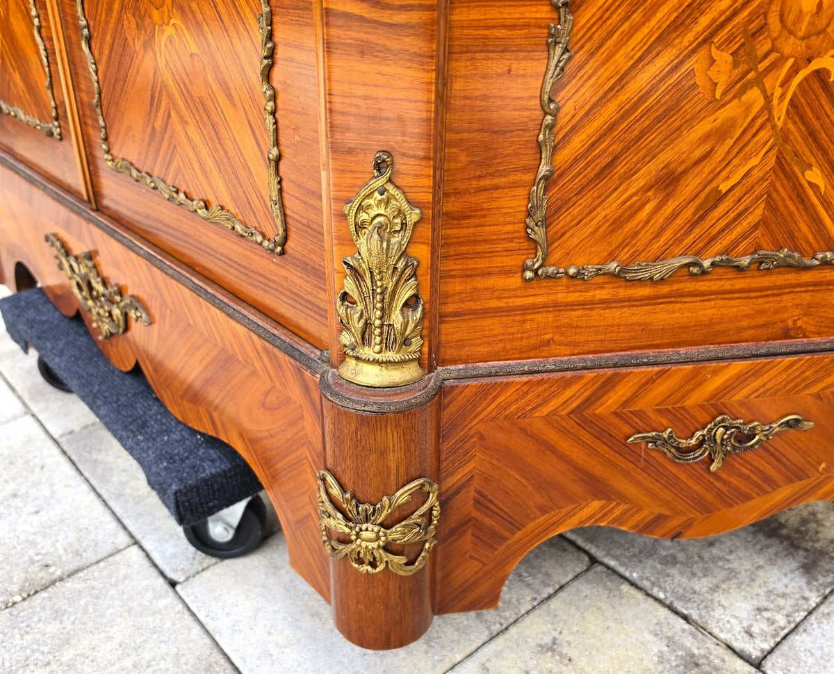 French Louis XV Marquetry Display Cabinet Figural Mounts Porcelain Medallions