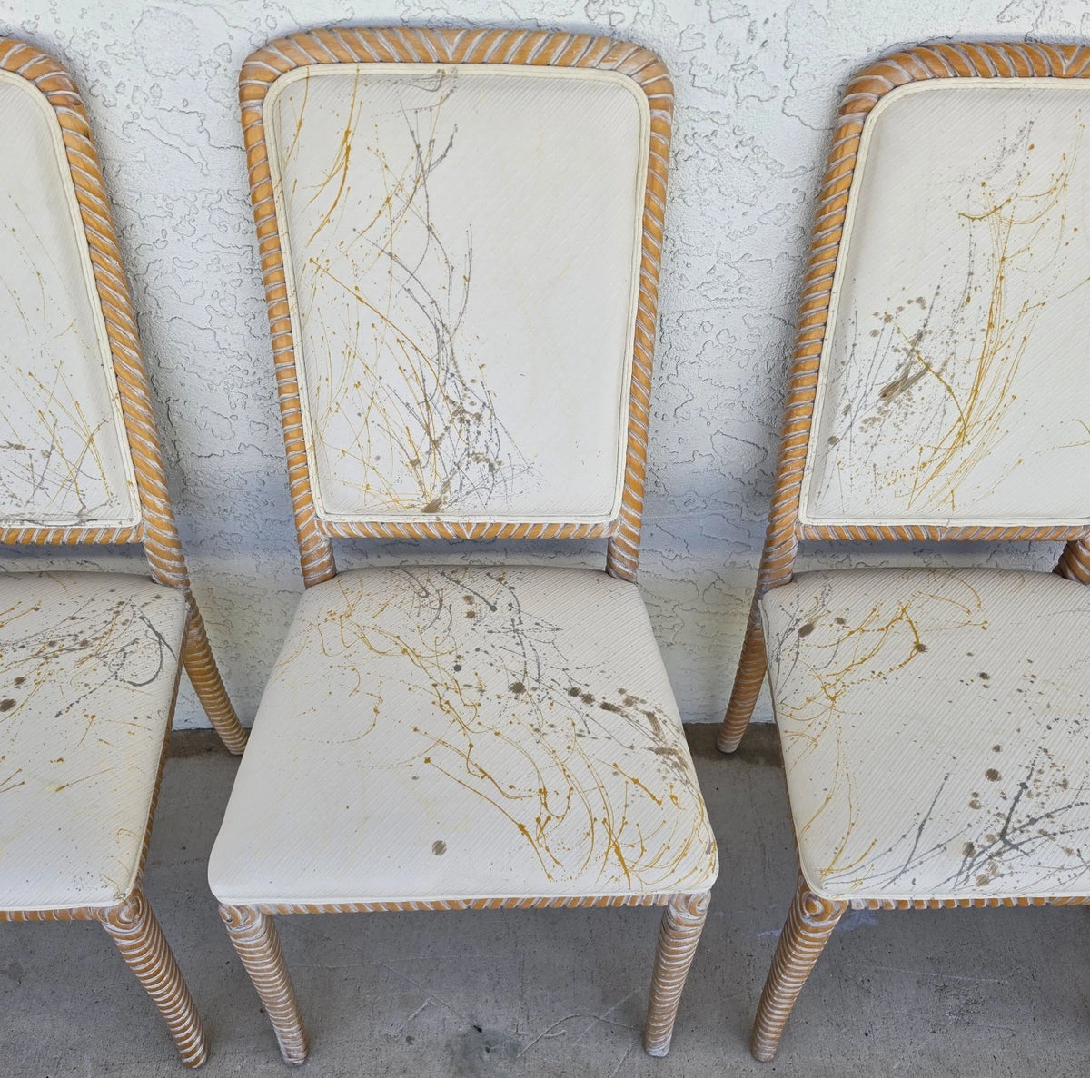 Set of 6 Coastal Carved Rope Solid Wood Dining Chairs With Abstract Upholstery