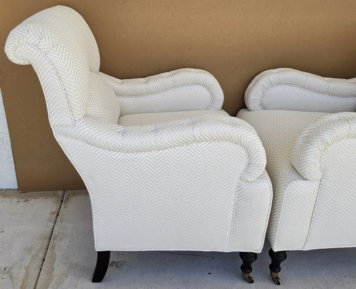 Pair Baker English Country Scroll Arm Lounge Chairs Tufted Herringbone Casters