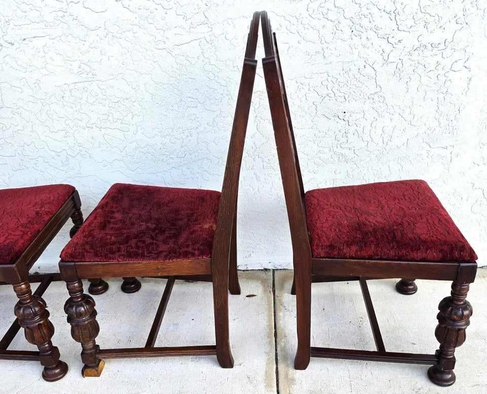 Antique English Oak Tudor Jacobean Dining Chairs 1930's Set of 4