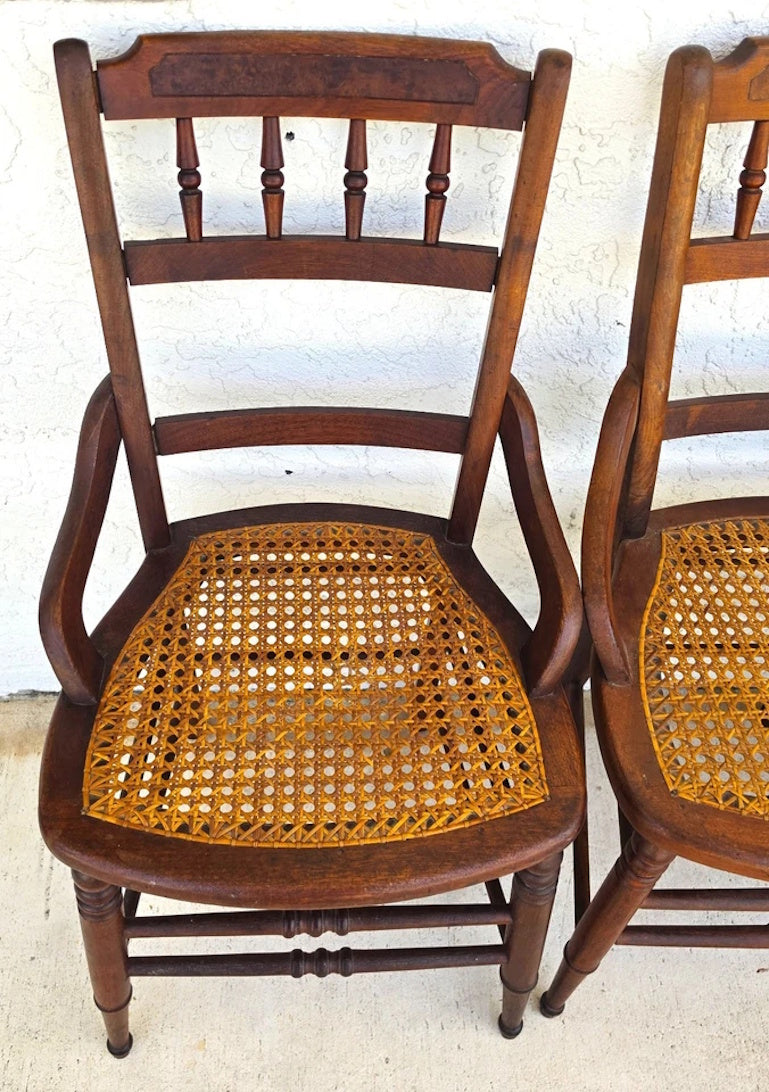 Antique Walnut Victorian Spindle Back Cane Seat Dining Chairs Set of 6