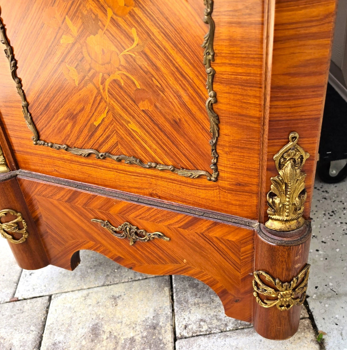 French Louis XV Marquetry Display Cabinet Figural Mounts Porcelain Medallions