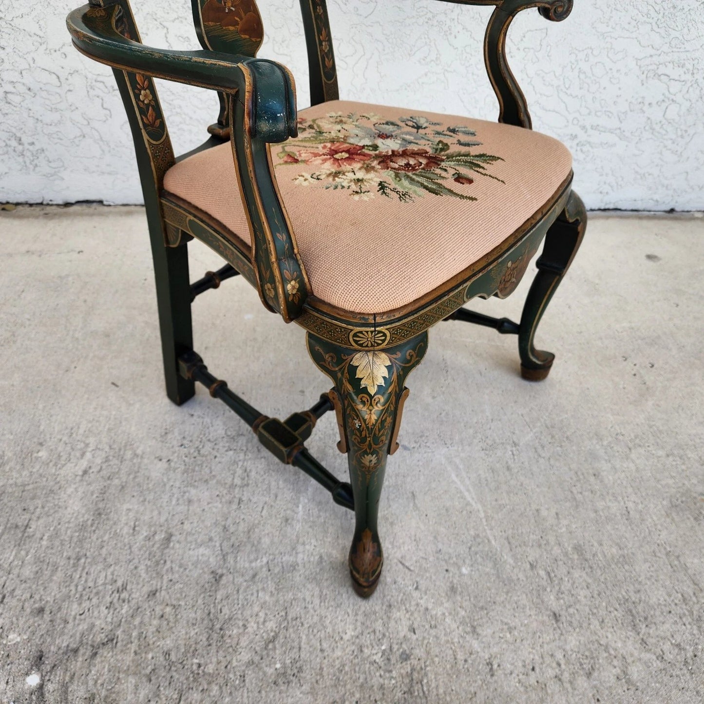 Antique Chinoiserie Decorated Queen Anne Arm Chair ca 1930