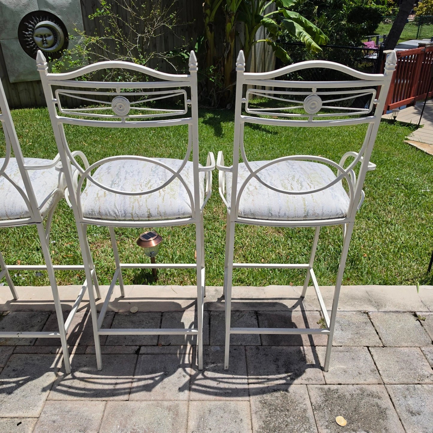 Set of 4 Vintage Coastal Palm Beach Regency Painted Metal Barstools.