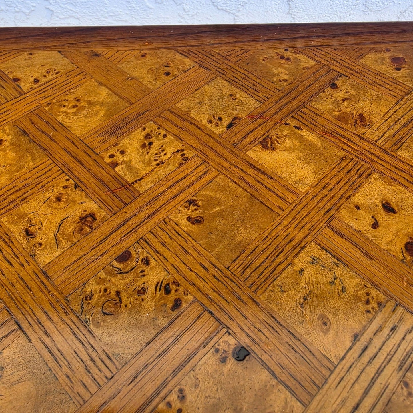 Theodore Alexander Burl Parquetry Console Table with 4 Drawers
