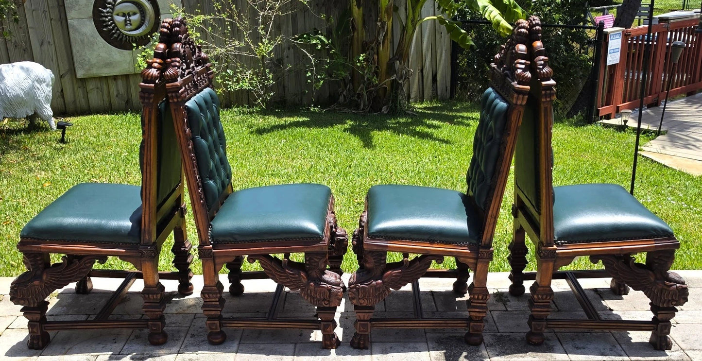 Antique Italian Renaissance Revival Hand Carved Dining Chairs Set of 4