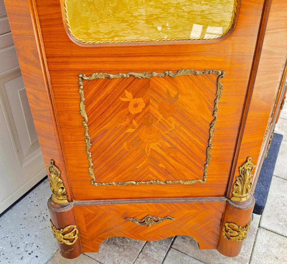 French Louis XV Marquetry Display Cabinet Figural Mounts Porcelain Medallions