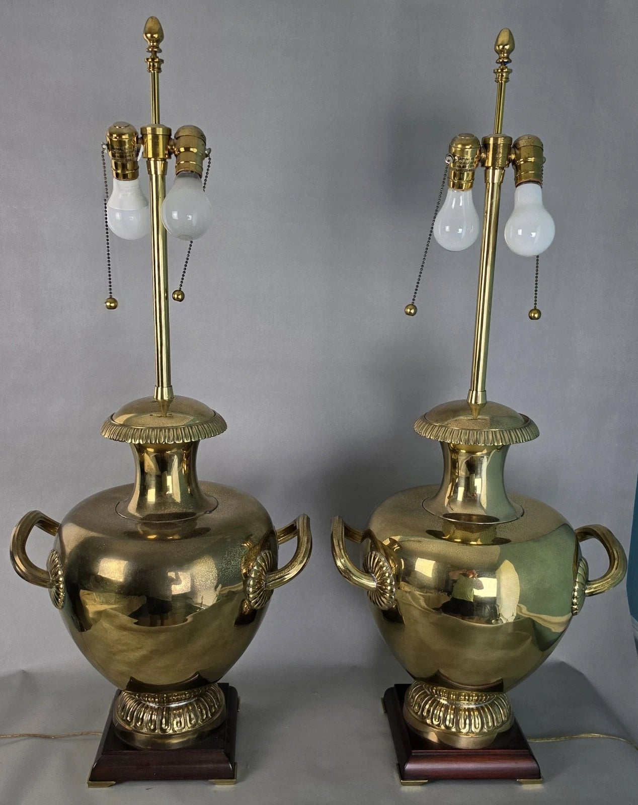 Vintage Marbro Polished Brass "Hydria" Table Lamps Dual Light A Pair